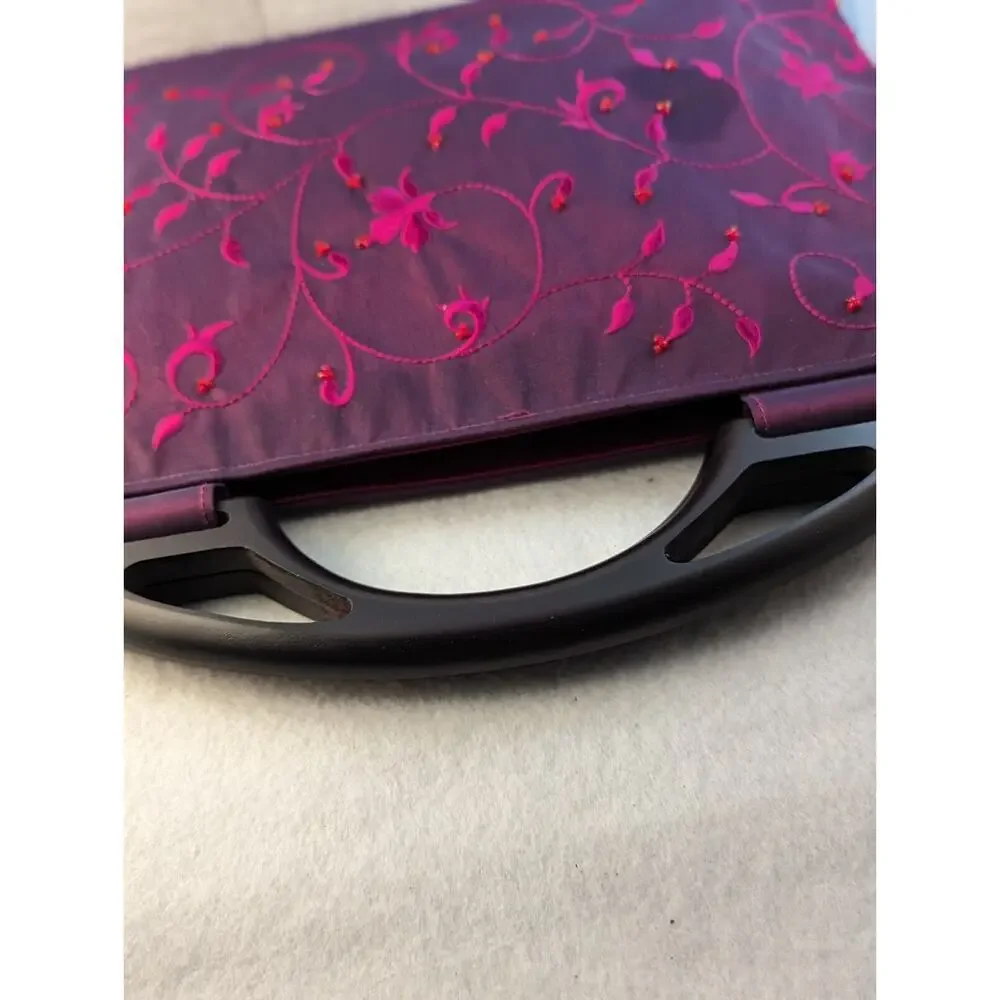 Purse Embroidered Taffeta Plum/ Red/ Wine Wood Handles made in Thailand 14x8x4+