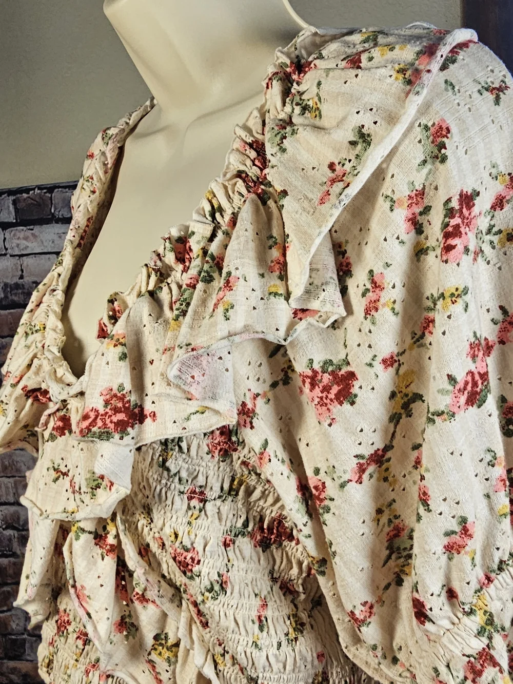 Free People Floral Smocked Ruffle Top Cottagecore Puff Sleeve Blouse Large