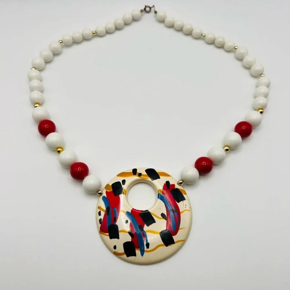 Vintage Abstract Statement Necklace Red White Beads Large Pendant