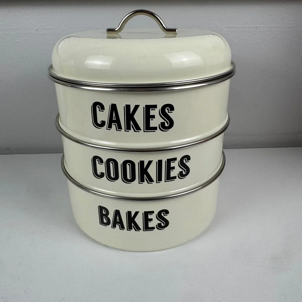 Typhoon Living Retro Cream Enamel 3 Tier Nesting Cake Cookie Bakes Storage Tin