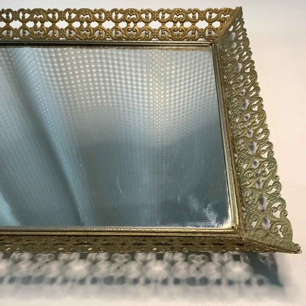 Vintage Mirror Vanity Tray Gold Filigree Metal Rectangle Hollywood Regency MCM