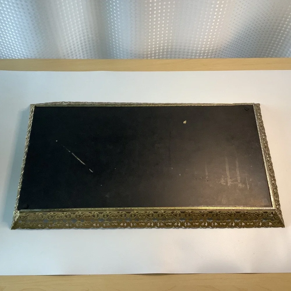 Vintage Mirror Vanity Tray Gold Filigree Metal Rectangle Hollywood Regency MCM