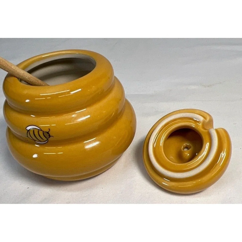 Mini Honey Pot Ceramic Jar Flower Lid Wood Dipper Beehive with Bee Honey Miel