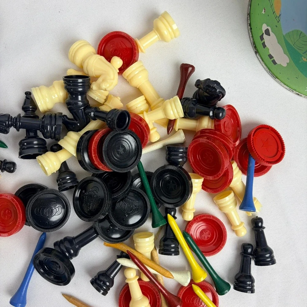 Vintage Mixed Game Pieces Lot Chess Checkers Golf Tees with Farm Scene Tin