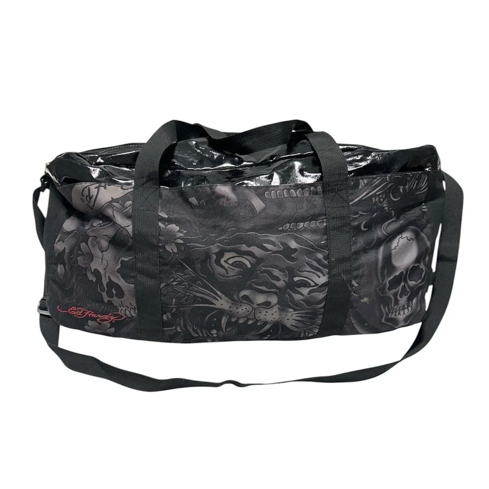 Ed Hardy Y2K Duffel Bag Black Tattoo Print Skull Tiger Travel Gym Bag