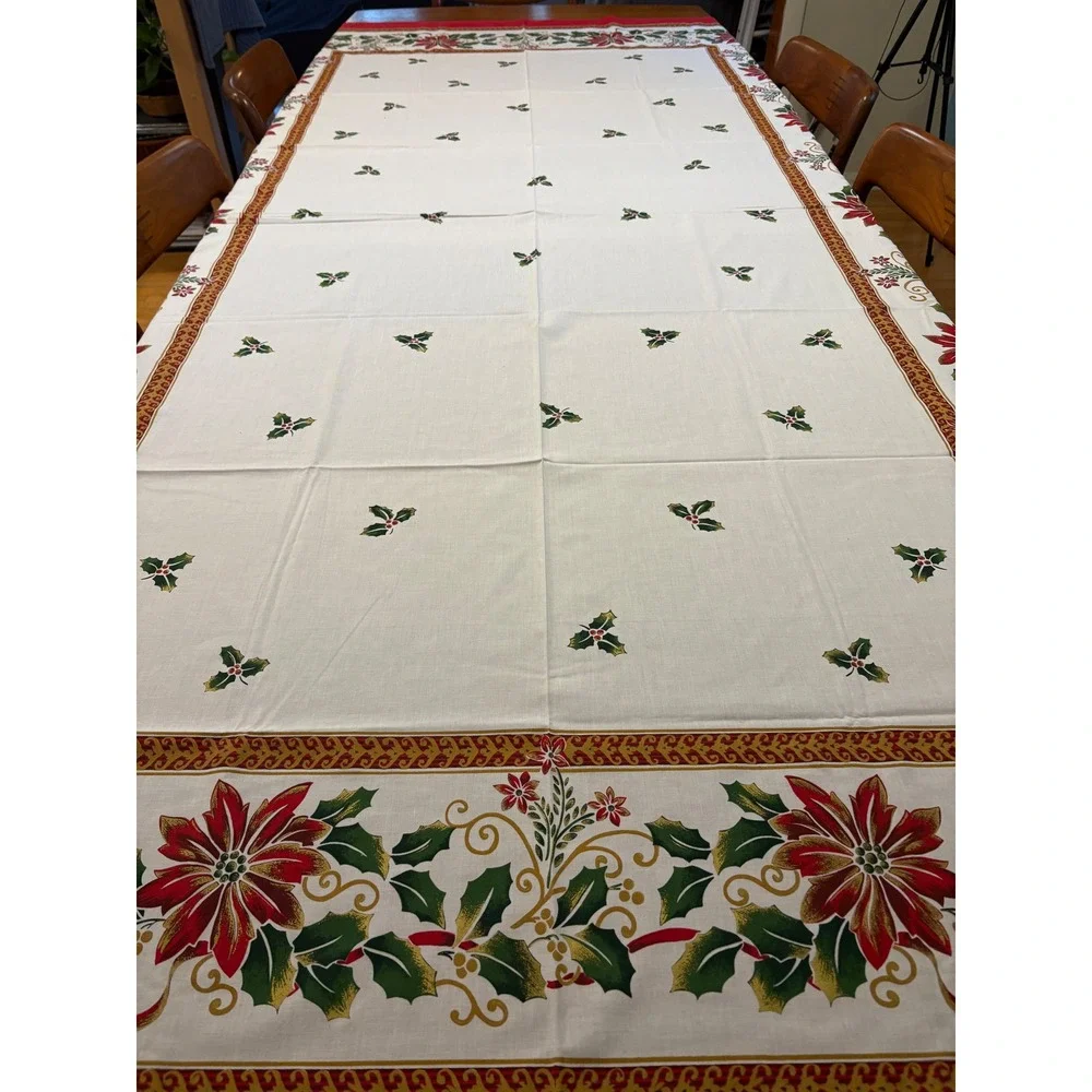 Christmas Poinsettia Holly Tablecloth White Red Green Holiday Dining‎  58 x100