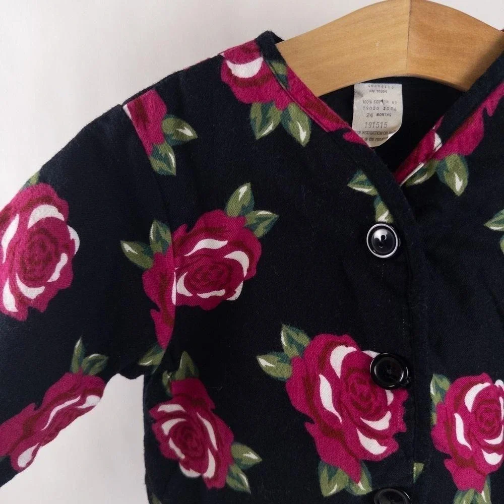 Vintage 90s Baby Togs Padded Rose Floral Print Jacket Boho Black‎ Pink Girls 24m