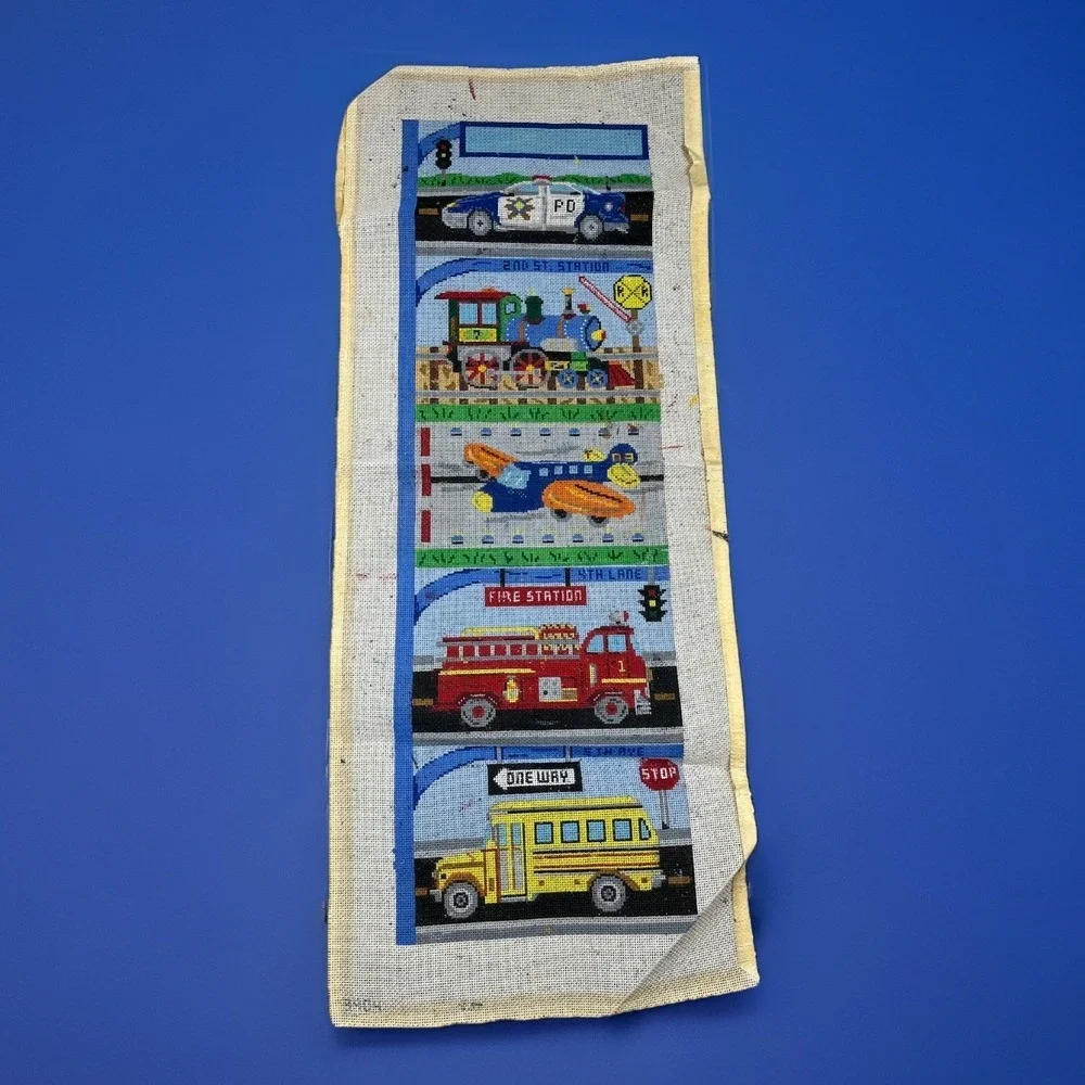 Handpainted Needlepoint Canvas Fire Truck Police Car School Bus Train Airplane