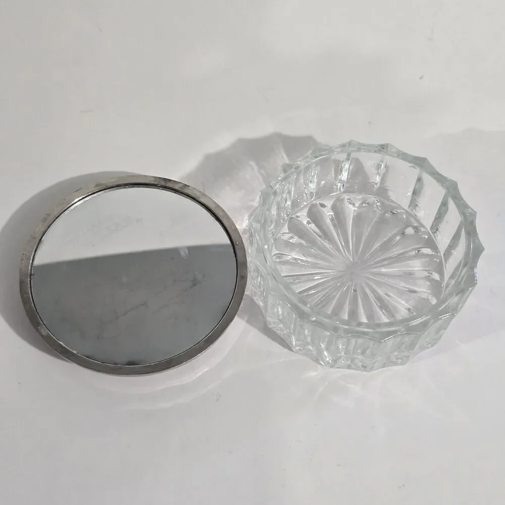 Vintage - Towle - Round Glass Dresser Jar Powder Box Plate Lid Mirror - Silver