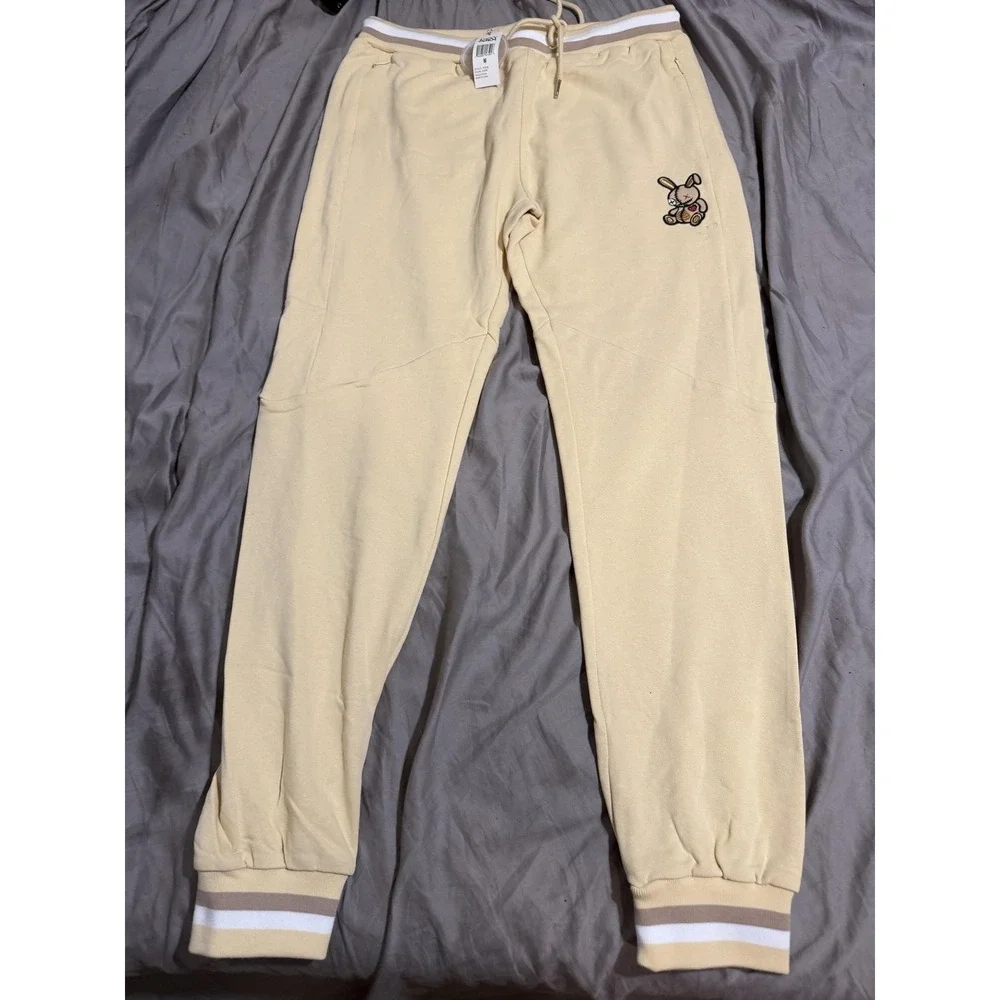 Lucky Charm Pants Mens M White Jogger Bunny Embroidered Elastic Waist Cuffed