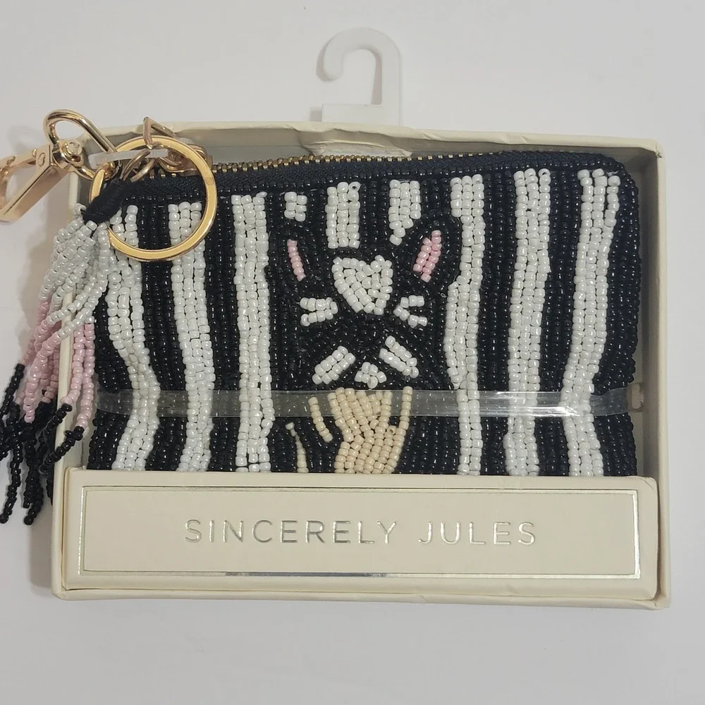 NEW Sincerely Jule Beaded India Coin Bag Frenchie Bulldog Striped Keychain Pouch