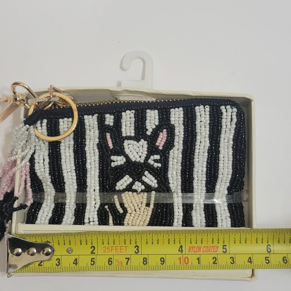 NEW Sincerely Jule Beaded India Coin Bag Frenchie Bulldog Striped Keychain Pouch