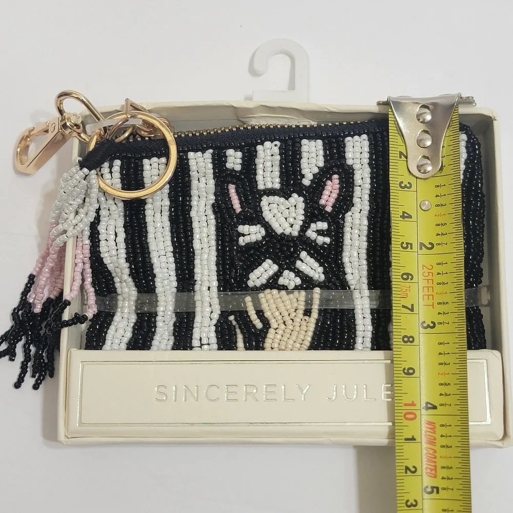 NEW Sincerely Jule Beaded India Coin Bag Frenchie Bulldog Striped Keychain Pouch