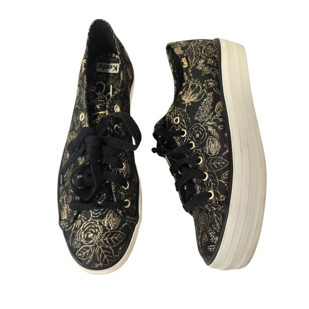Keds Rifle Paper Co Floral Platform Sneakers‎ Black Gold Women's Size 6.5