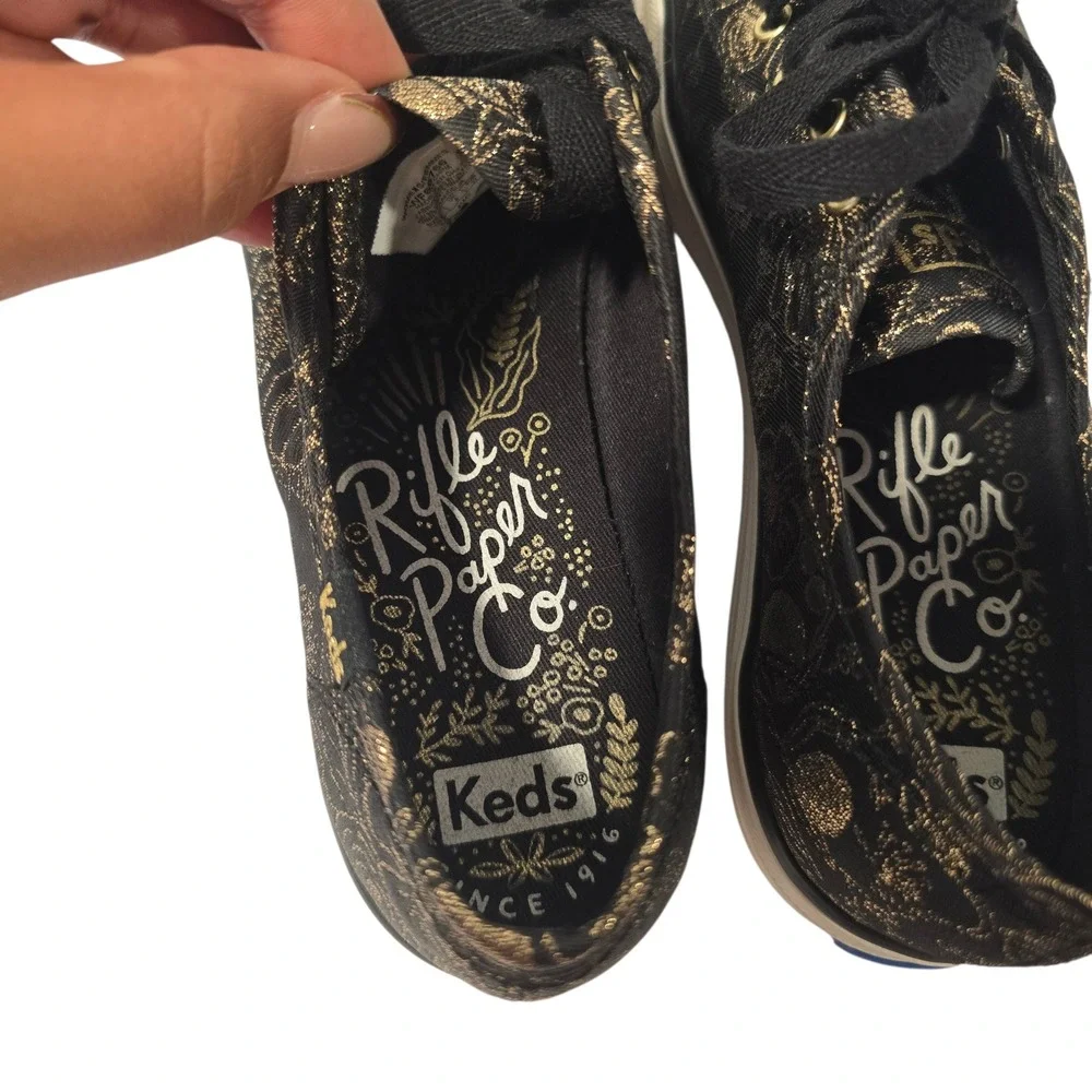 Keds Rifle Paper Co Floral Platform Sneakers‎ Black Gold Women's Size 6.5