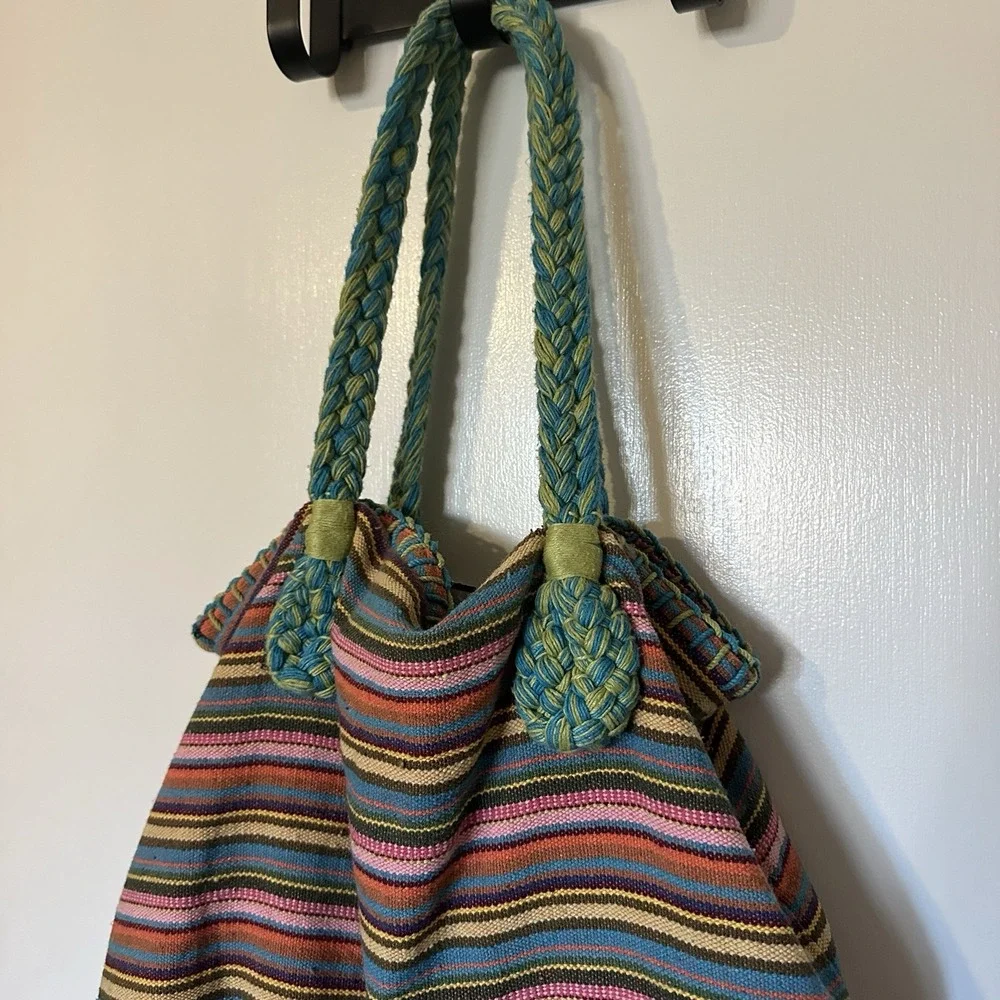 Limited Y2K Fabric & Yarn Large Hobo‎ Bag W/ Braided Straps Rainbow Colorful