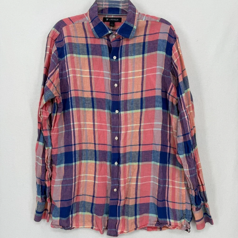 Cremieux Button Down Shirt‎ Mens Large Pink Blue Plaid 100% Linen Long Sleeve