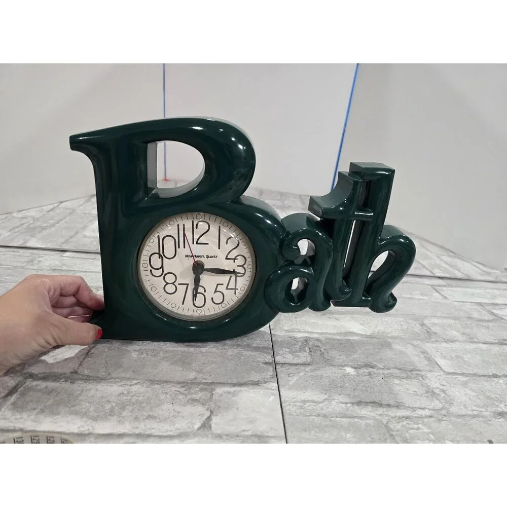 Vintage bathroom clock word clock green wall clock 80s Bath USA Tested Works MCM