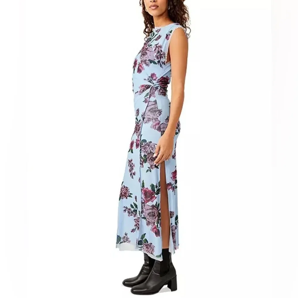 Free People Carmel Blue Floral Print Sleeveless Draped Midi Dress Size Large NWT