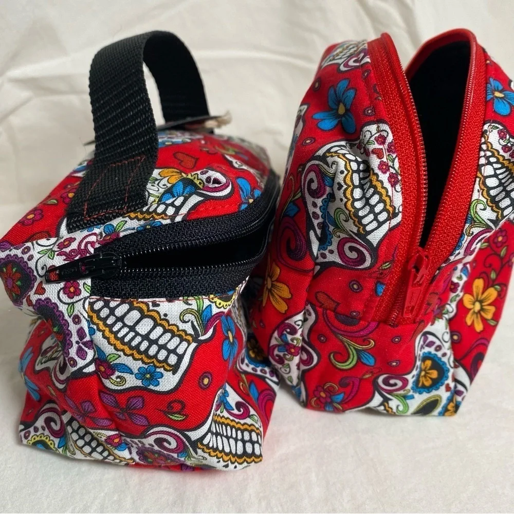 Handmade Accessories Bag Set Red & White Skull pattern with zipper openings. New