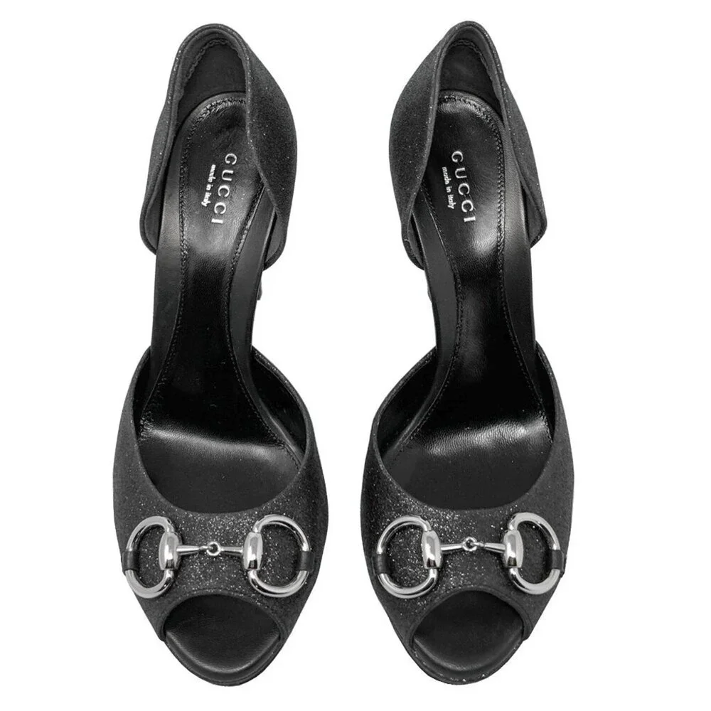 Gucci Horsebit Glitter Peep Toe‎ Heels Pumps Black EU 37