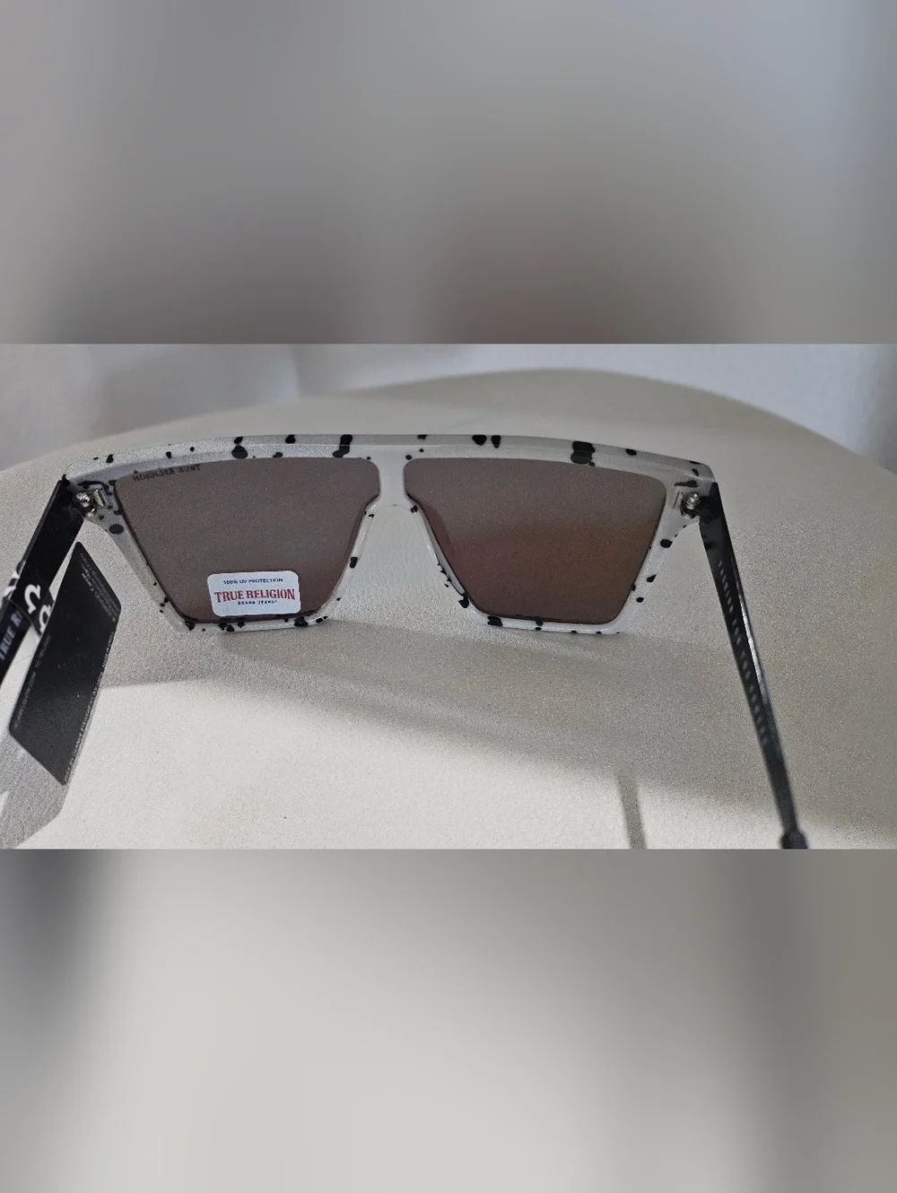 True Religion Shield Sunglasses Blue Mirrored Lens Black White Speckle UV400.