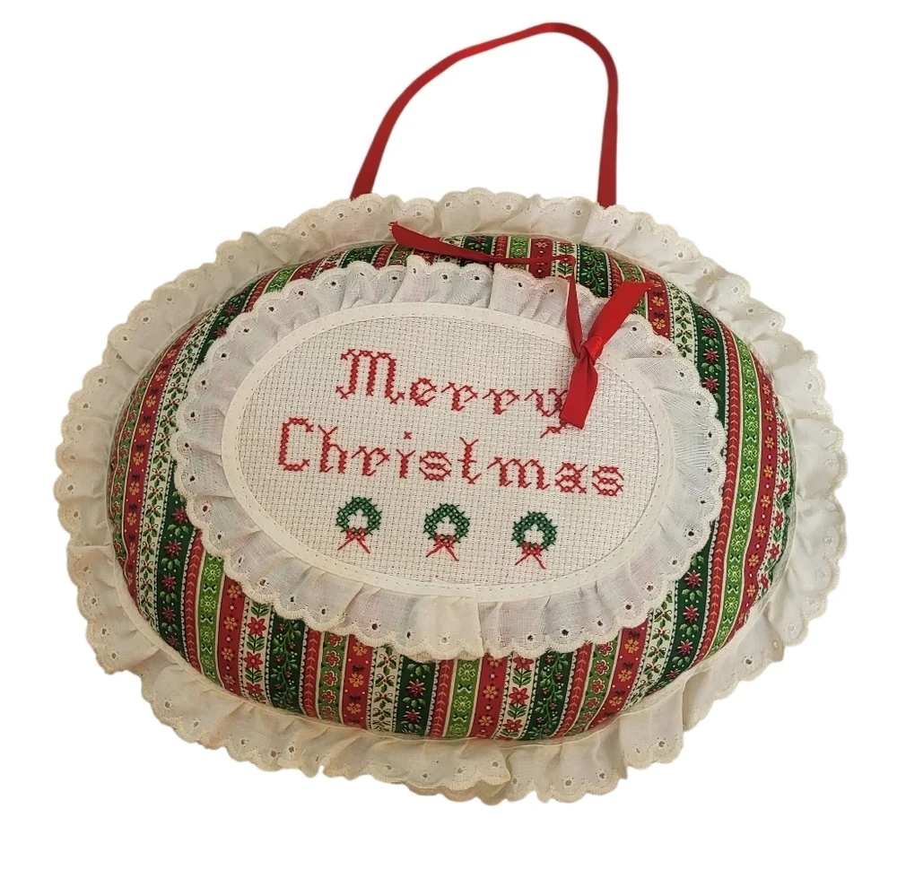 Vintage Handmade “Merry Christmas” Cross Stitch Wall Hanging Scallop Lace Trim
