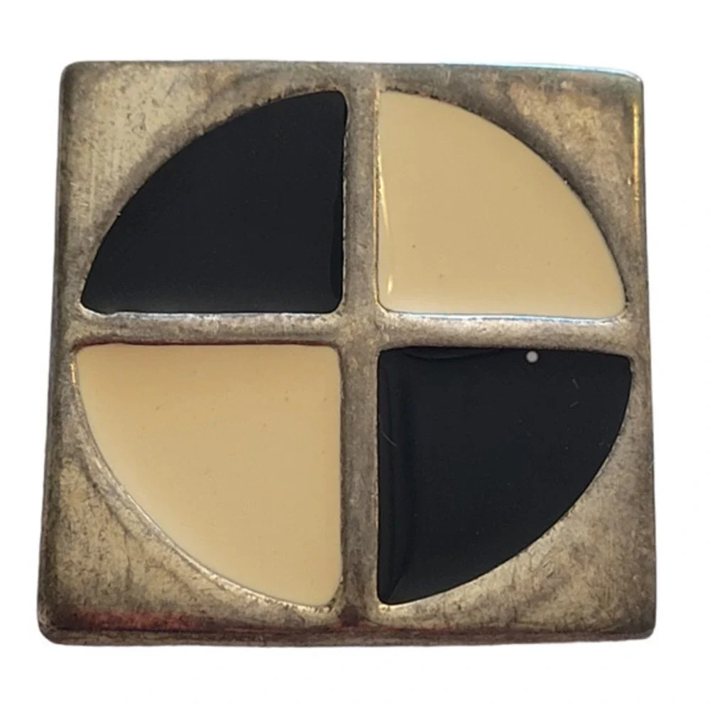 Vintage 80s Black and White Enamel Geometric‎ Triangle Circle Square Brooch Pin