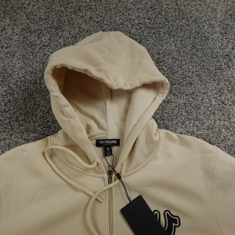 NEW True Religion Hoodie Mens L Beige Buddha Full Zip‎ Sweatshirt Sweater Jacket