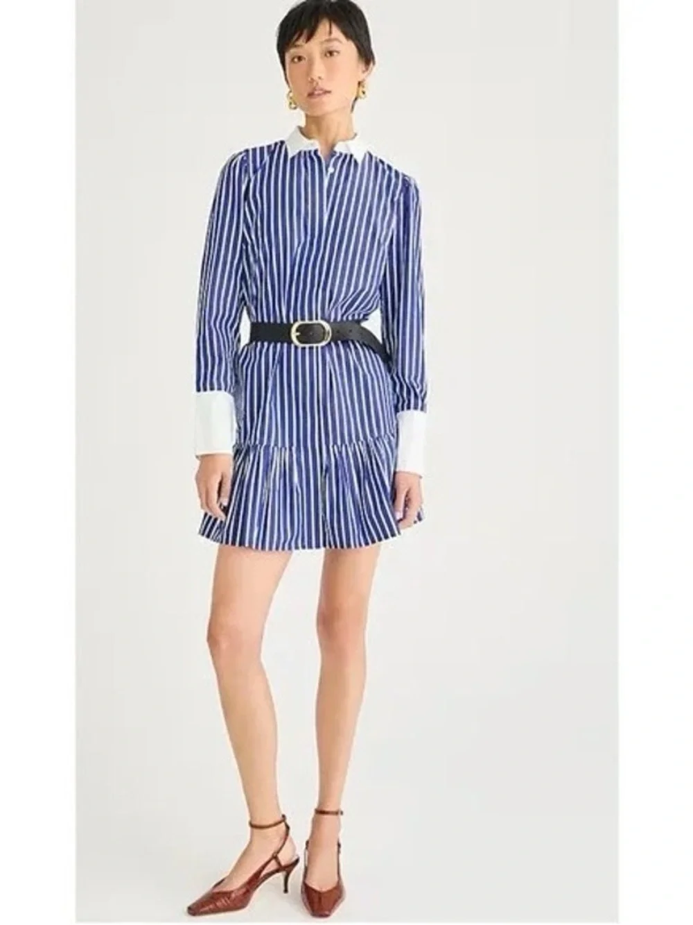 J. Crew Classic Preppy Blue & White Striped Belted Shirt Dress w/Contrast Collar