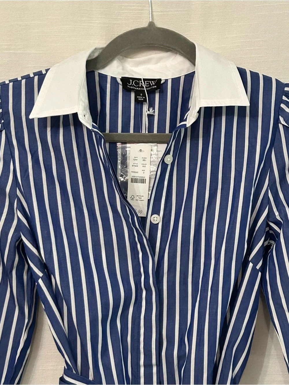J. Crew Classic Preppy Blue & White Striped Belted Shirt Dress w/Contrast Collar