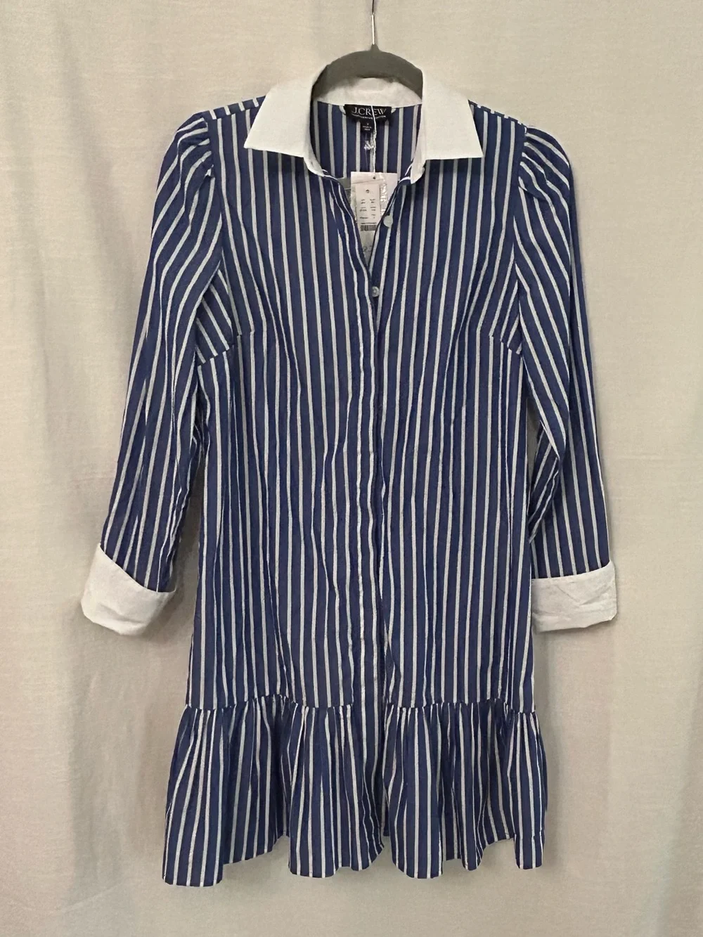 J. Crew Classic Preppy Blue & White Striped Belted Shirt Dress w/Contrast Collar