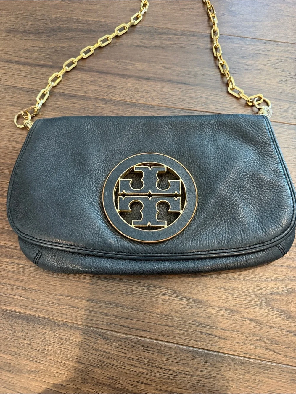 Tory Burch Black Leather Crossbody with Gold-Tone Logo and Chain - C39-182