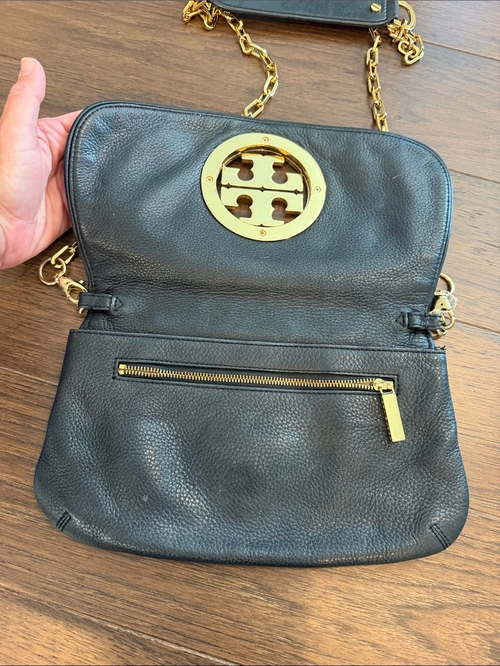 Tory Burch Black Leather Crossbody with Gold-Tone Logo and Chain - C39-182