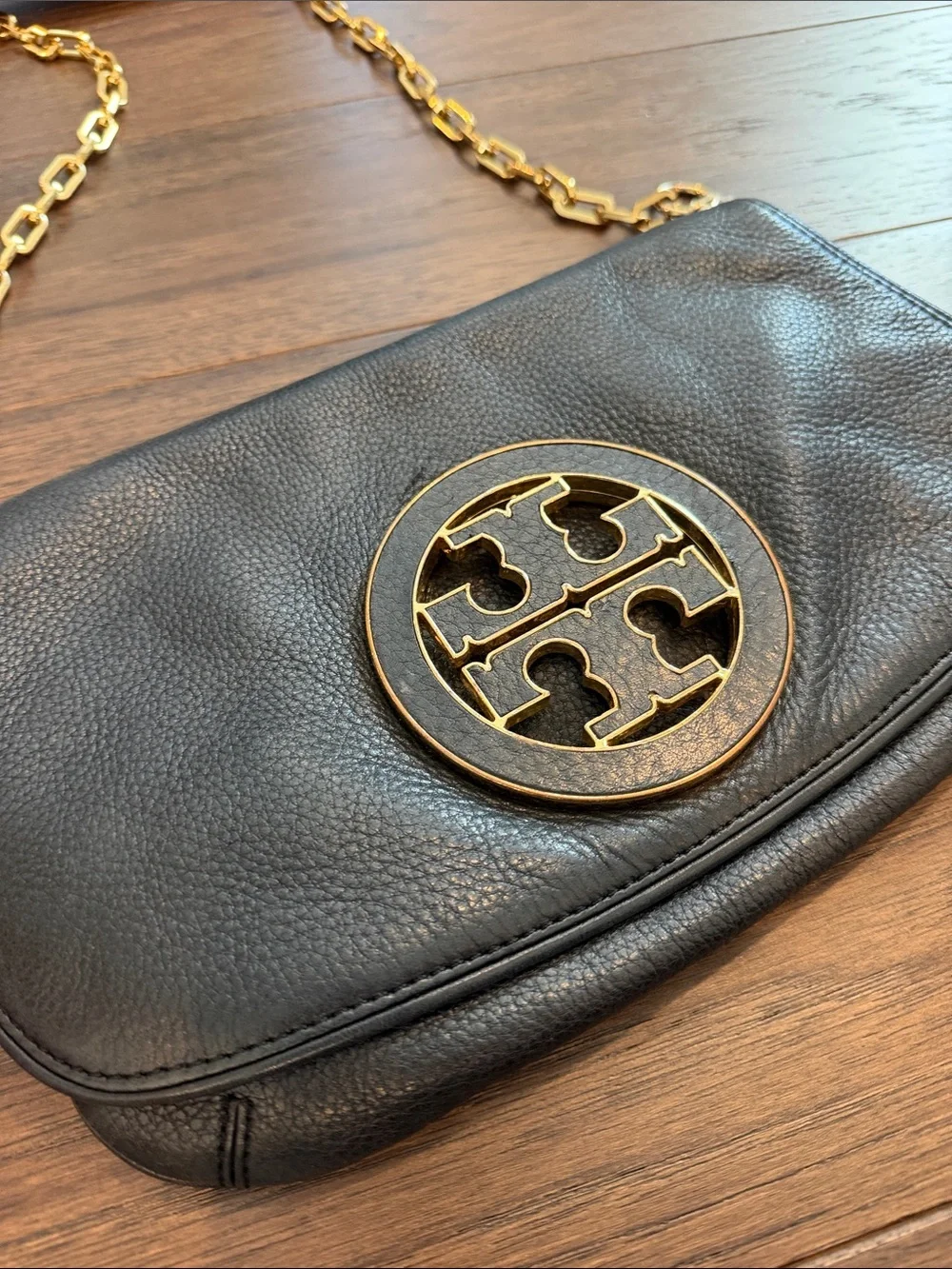 Tory Burch Black Leather Crossbody with Gold-Tone Logo and Chain - C39-182