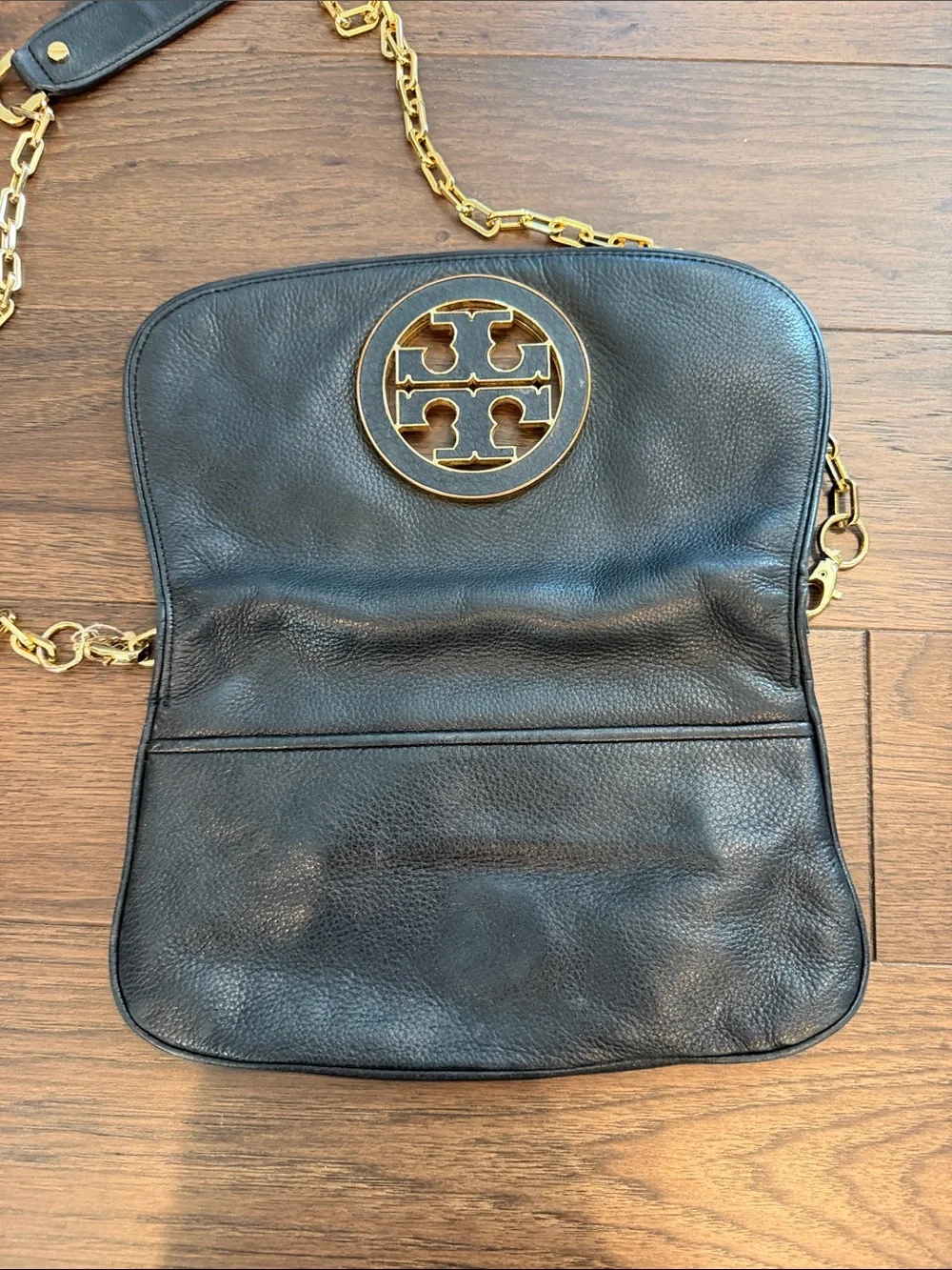 Tory Burch Black Leather Crossbody with Gold-Tone Logo and Chain - C39-182