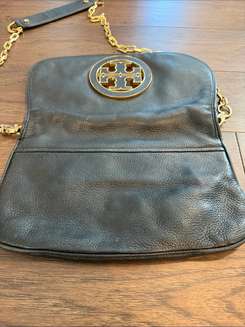 Tory Burch Black Leather Crossbody with Gold-Tone Logo and Chain - C39-182