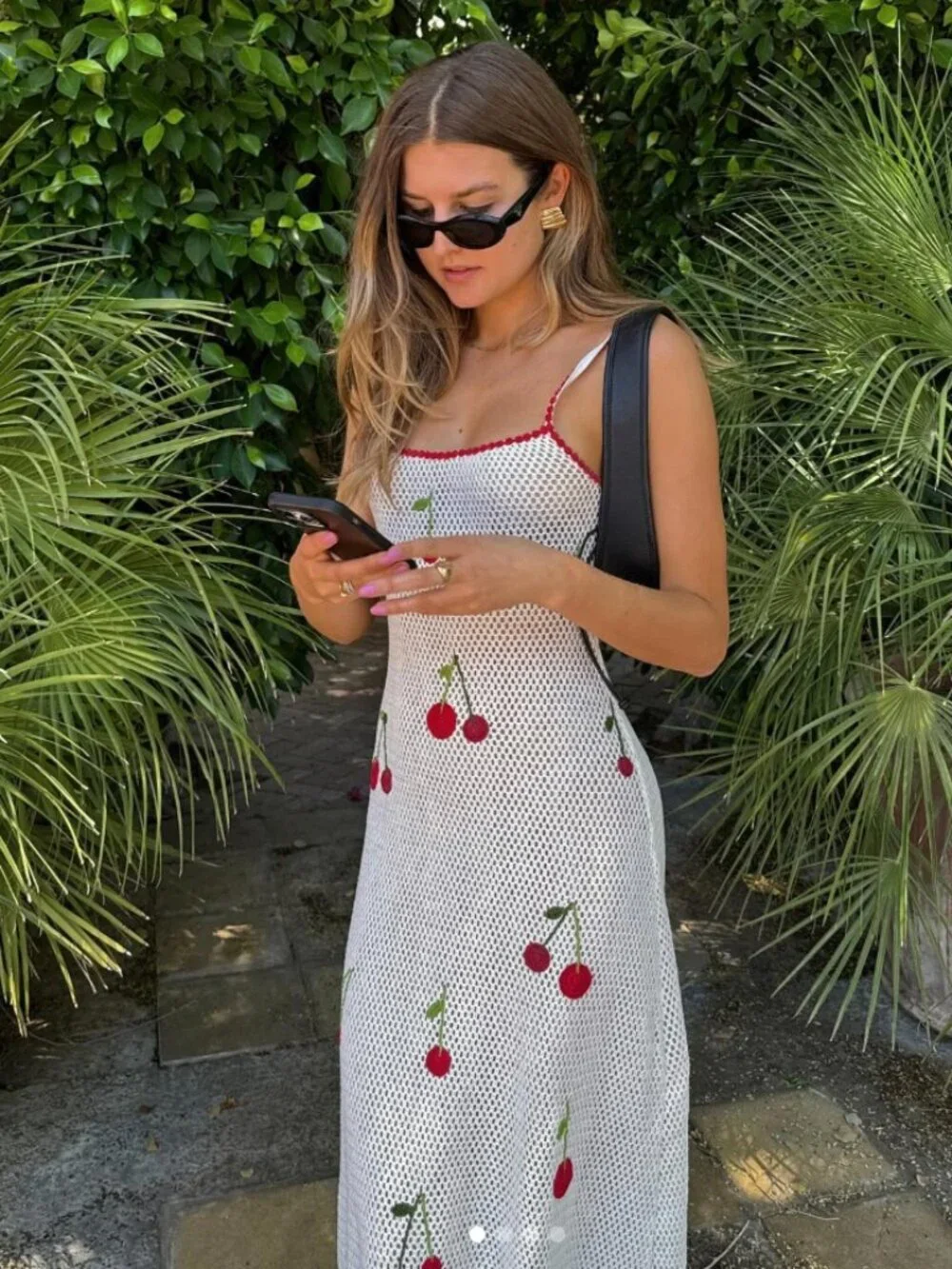 Sweet Girl Cherry Crochet Fruit Print Knit Maxi Dress White Red Size Large