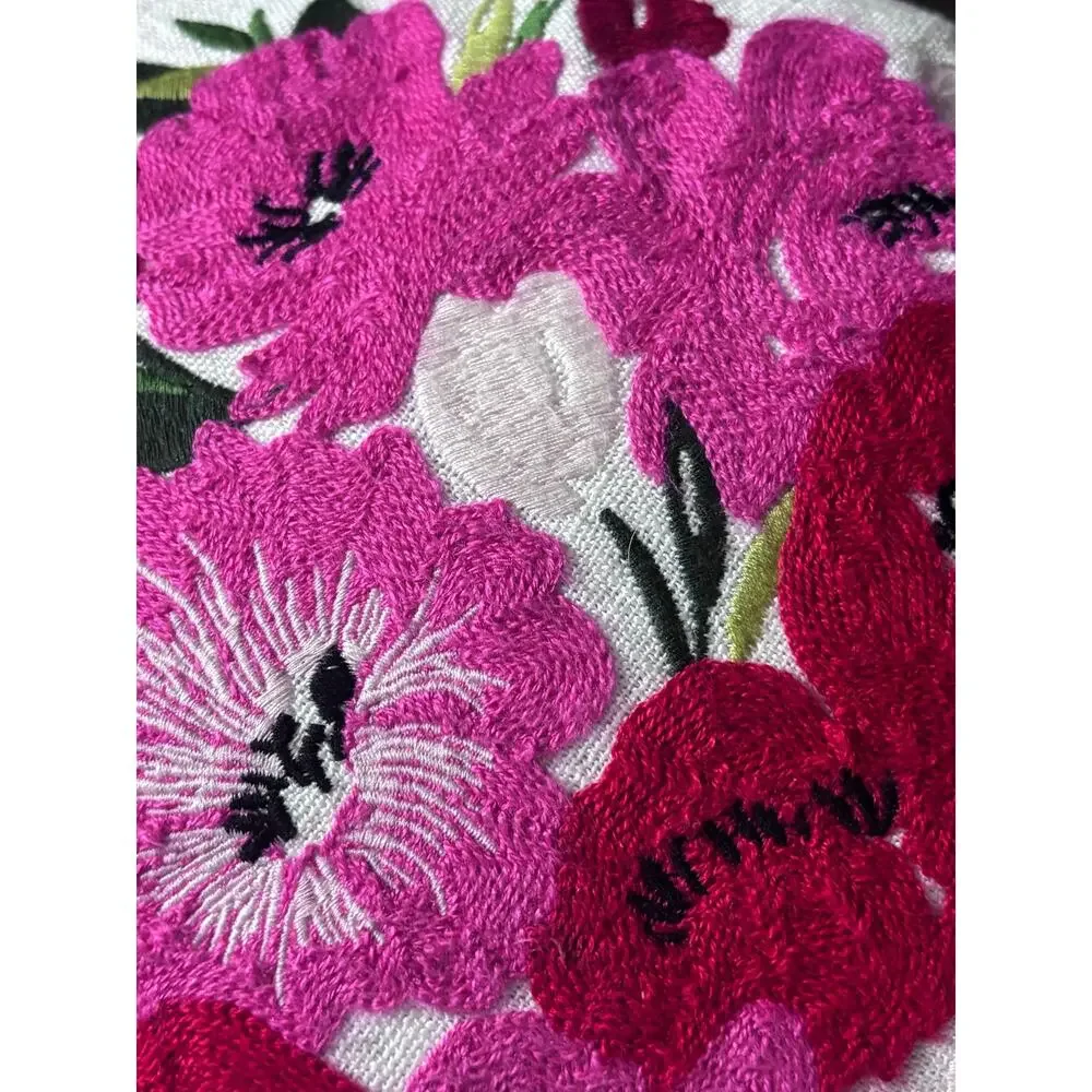 PAPYRUS Garden Embroidered Poppy Flowers Round Pillow 14” Floral Cottagecore