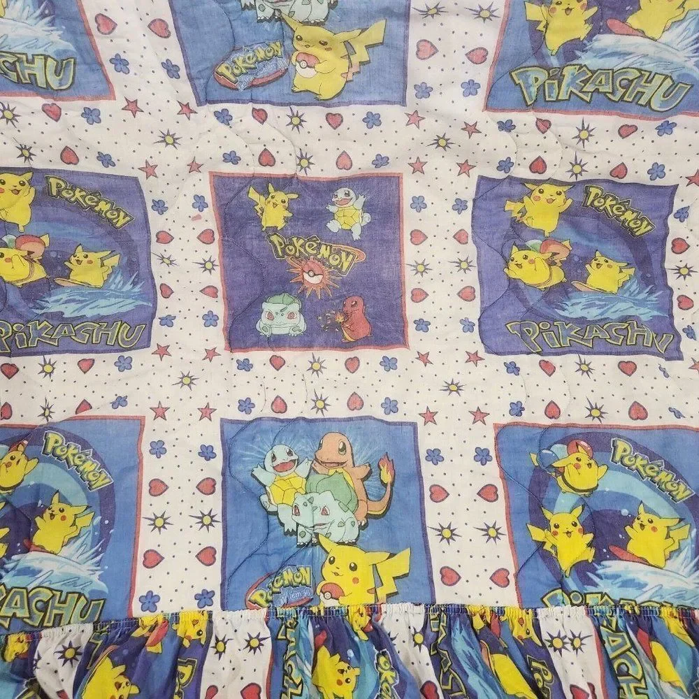 Vintage 90s Pokemon Pikachu Bedspread Comforter Blue White Multi Ruffle Twin