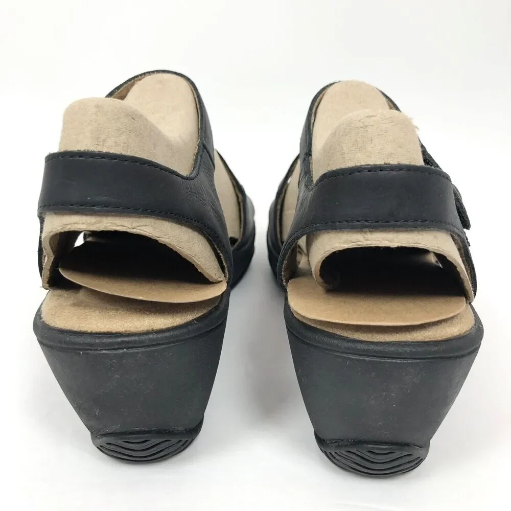 NEW OpBx Halsa Sandals 8.5 Clara Leather Mid Wedge Heels Shoes Ankle Strap Black