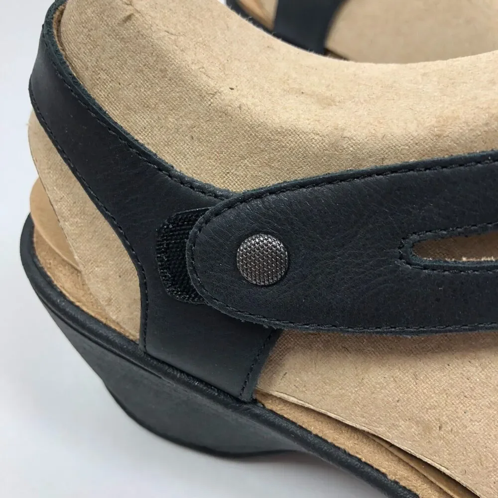 NEW OpBx Halsa Sandals 8.5 Clara Leather Mid Wedge Heels Shoes Ankle Strap Black