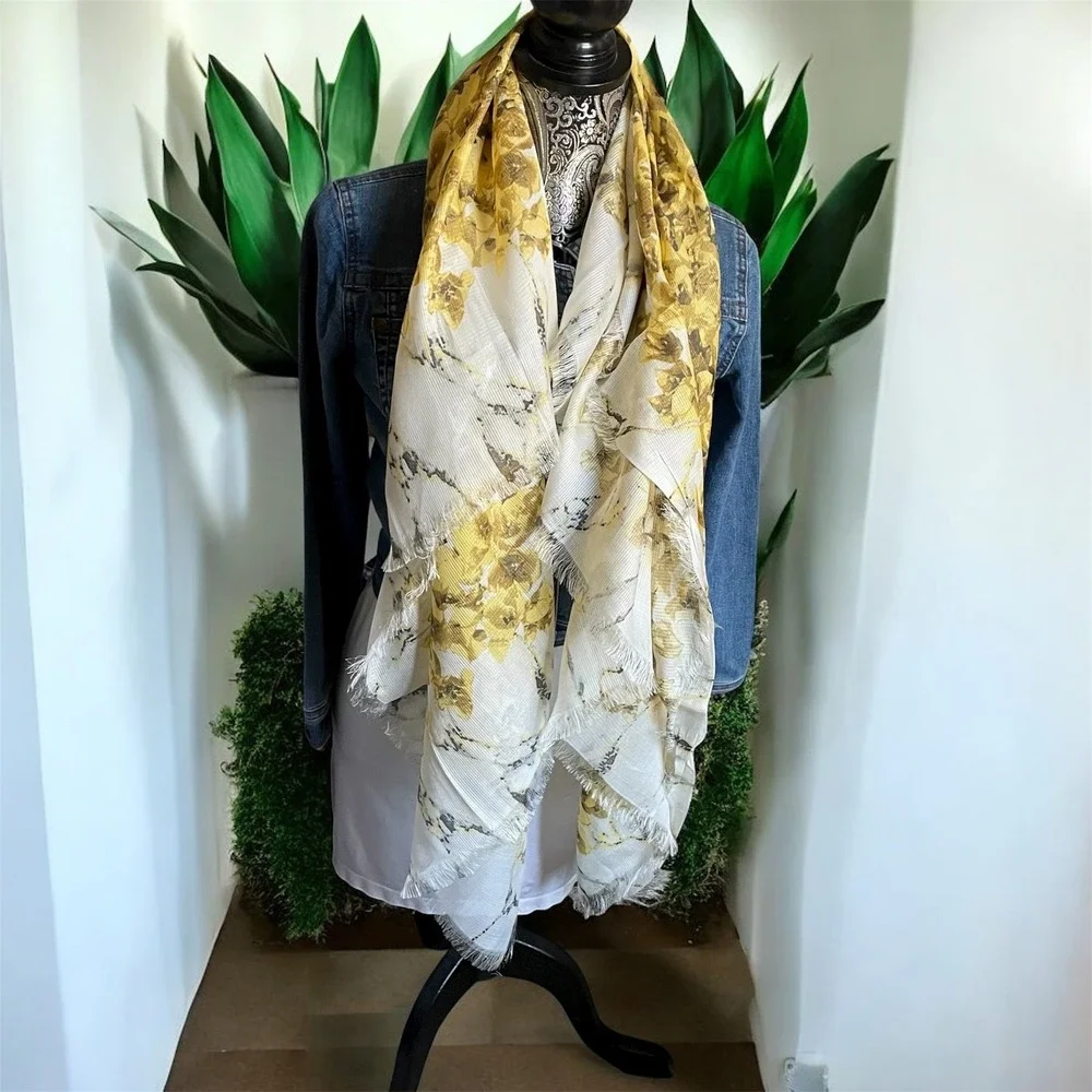 Large mustard yellow Floral scarf Shawl Wrap Lightweight Silk‎ 46.5