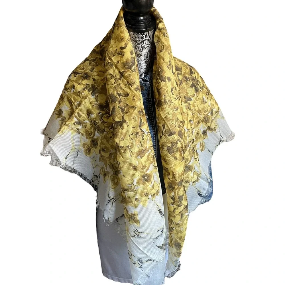 Large mustard yellow Floral scarf Shawl Wrap Lightweight Silk‎ 46.5