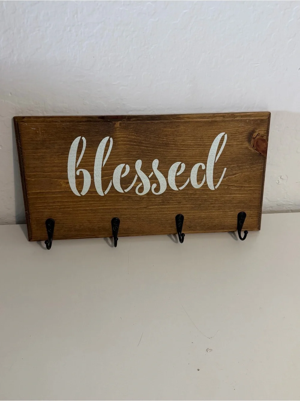 Rustic Blessed Wooden Wall Hook Rack - White Script on Brown