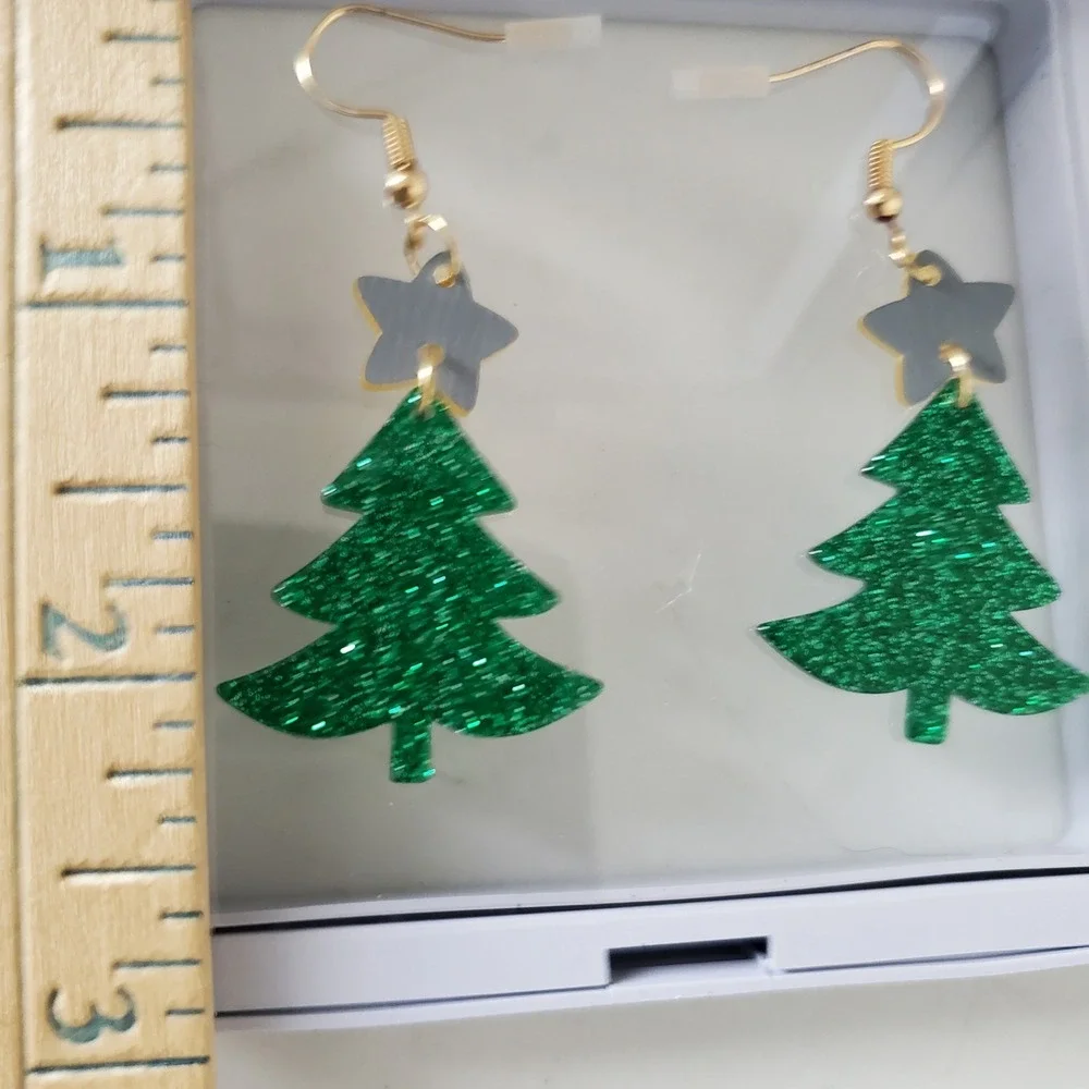 Green Glitter Christmas Tree Earrings Gold Star Acrylic Holiday Dangle Hooks