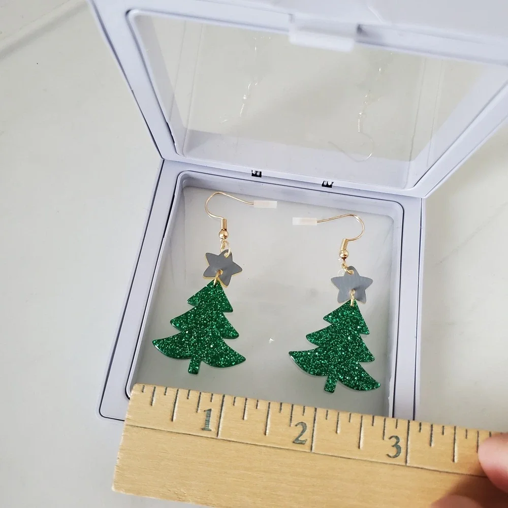 Green Glitter Christmas Tree Earrings Gold Star Acrylic Holiday Dangle Hooks