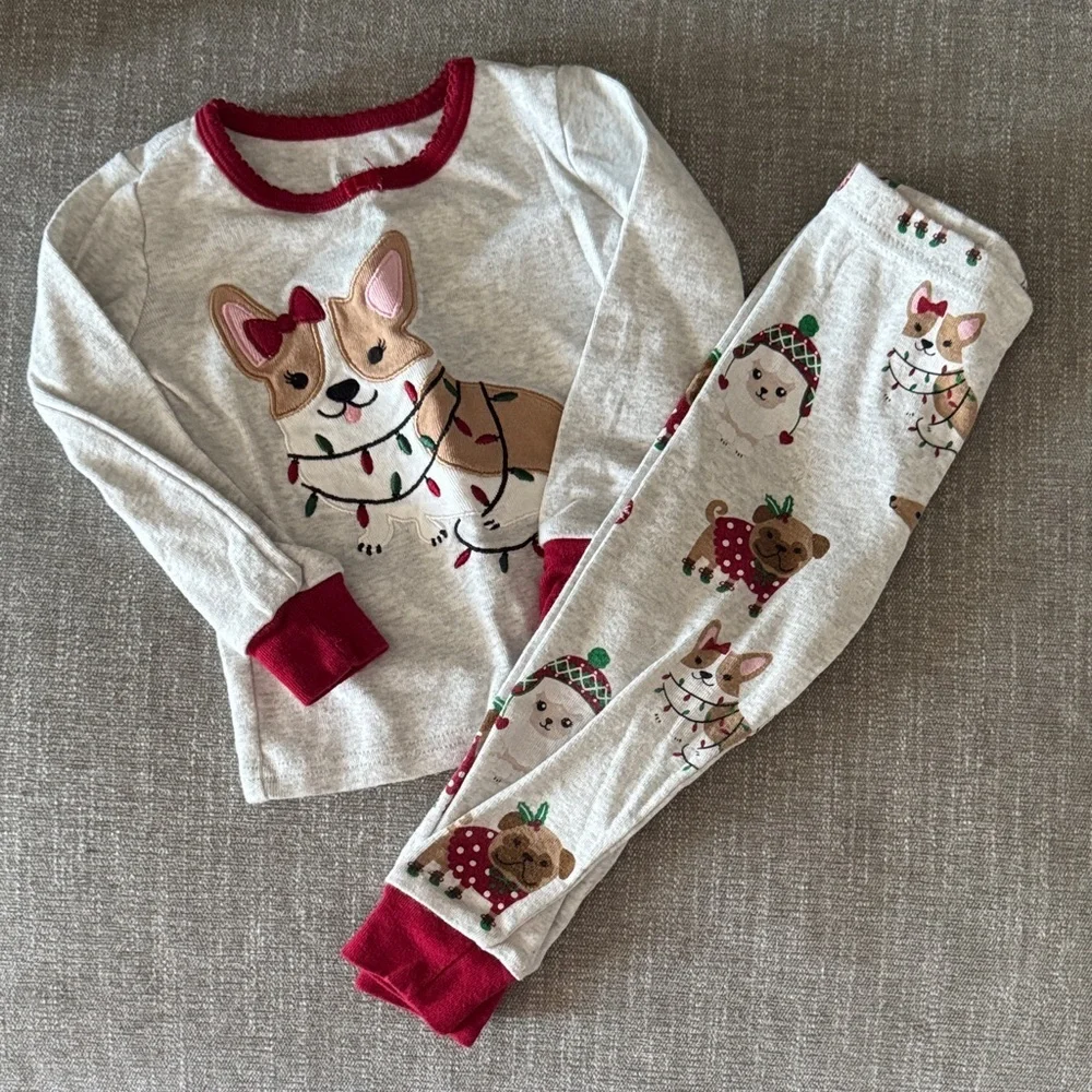 Adorable Holiday Corgi Kids Pajamas - Gray and Red
