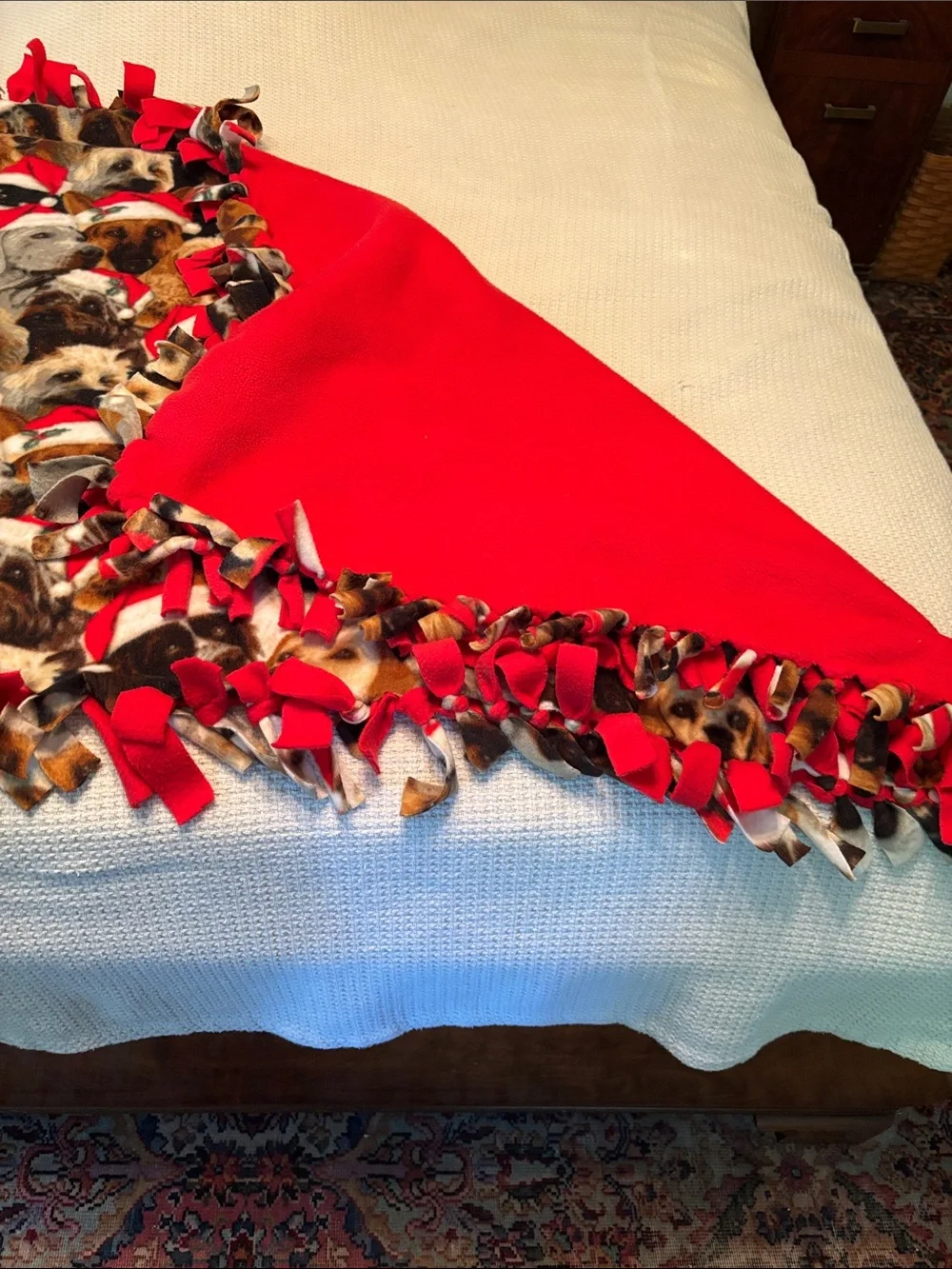 Festive Puppy Print Fleece Tie Blanket with Red Fringe