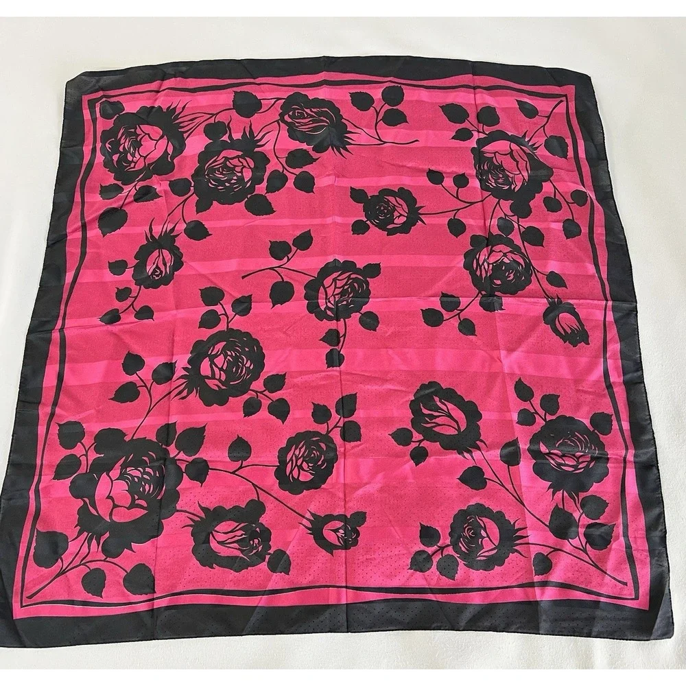 Vintage Made In‎ Italy Square Scarf Hot Pink Floral 100% Polyester  30
